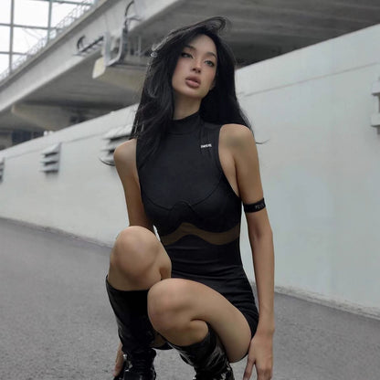 Street Mesh Stitching Hollow Out Cutout Sleeveless Romper Sexy Solid Color Tight Sports Waist Shaping Trousers - Wanita Store