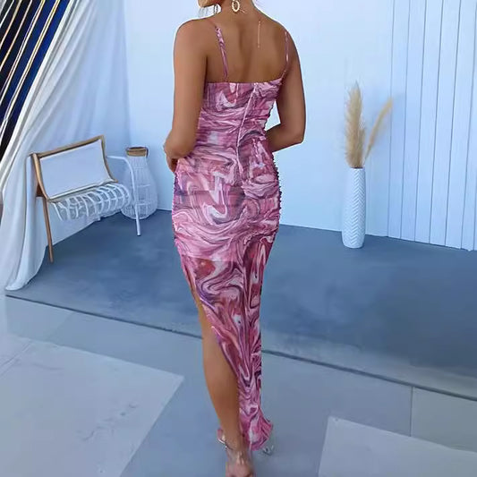 Spring Summer Suspender Printed Dress Casual Holiday Party Women Clothing Dress