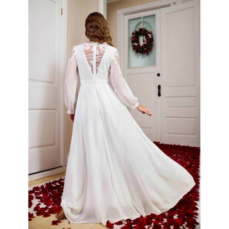 Dress Lace Long Patchwork Waist Noble Evening Dress Chiffon Wedding Clothes