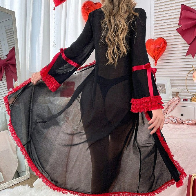 Sexy Thin Transparent Mesh Red Lace Black Robe Sexy Lingerie Set