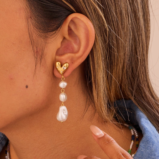 French Baroque Pearl Long Tassel Stainless Steel Earrings Light Extravagant Love Heart Shaped Design Earrings Ornament - Wanita Store