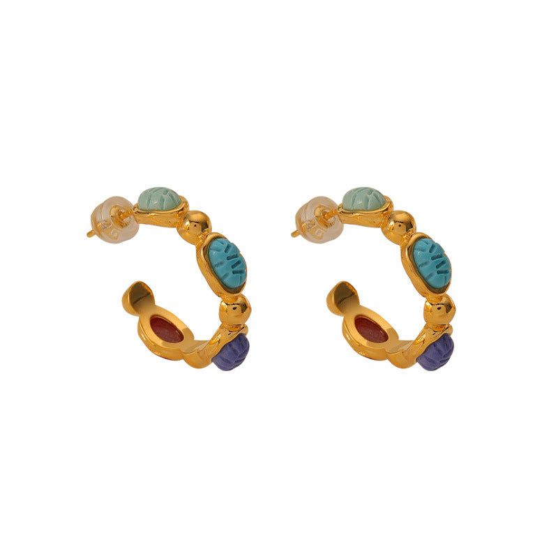 Color Gem C Shaped Earrings Ear Ring Affordable Luxury Niche High Sense Retro Silver Pin Earrings - Wanita Store