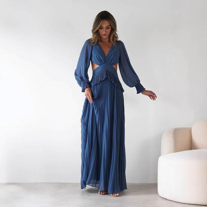 Robe à manches longues et dos nu plissée à la taille pour femme