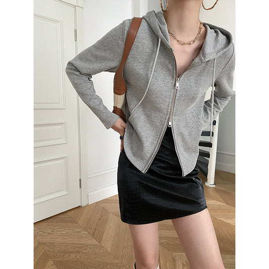 Sinan French Tight Waist Cut Super Slimming Double Zipper Hooded Sweatshirt Slim Coat Early Autumn