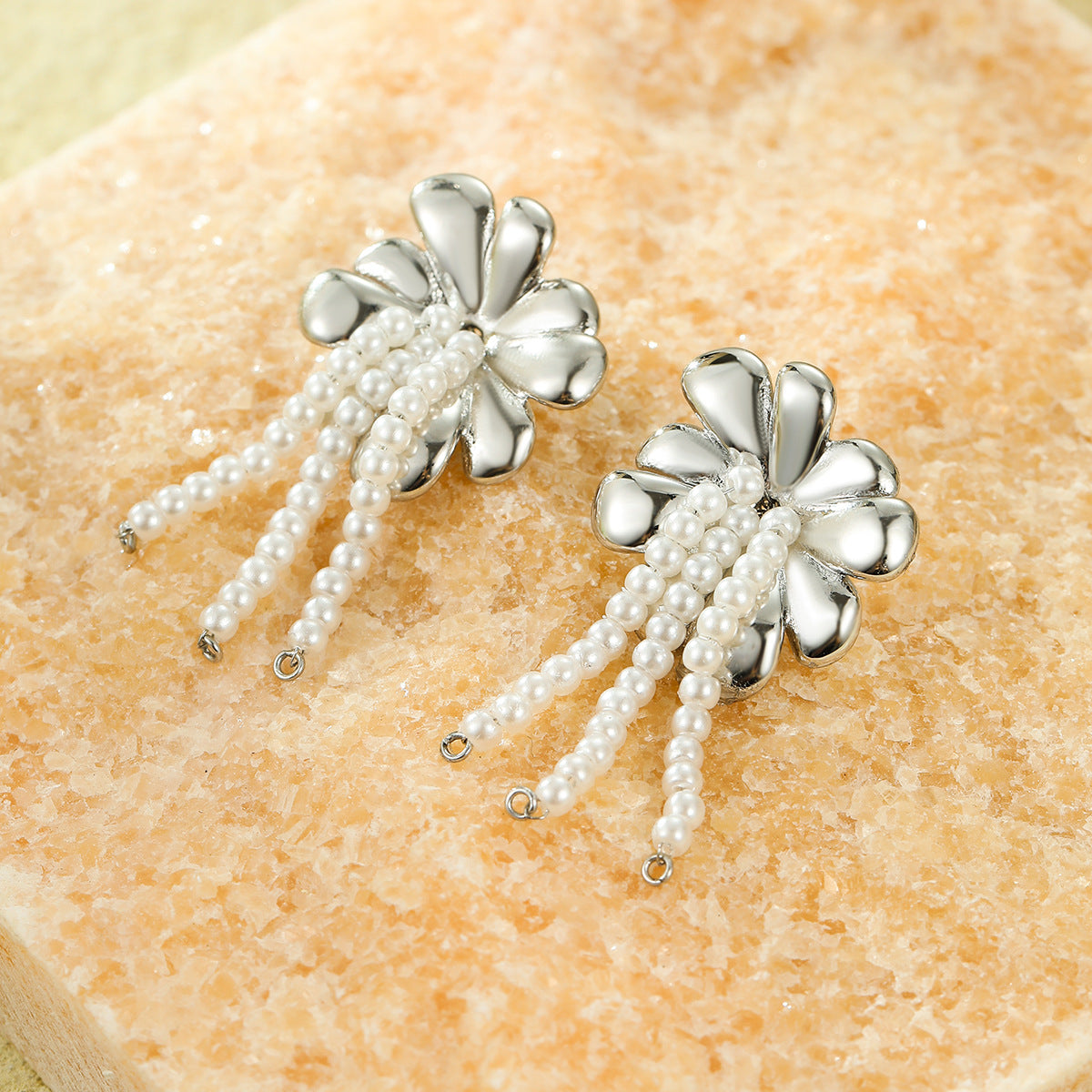 All Match Fashionable Stainless Steel Floral Pearl Tassel Titanium Steel Gold Plated Stud Earrings for Women - Wanita Store