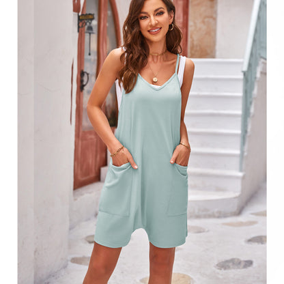 Women Clothing Summer Casual Pocket Spaghetti Straps Knitted Shorts Jumpsuit Suspender Pants Women - Wanita Store