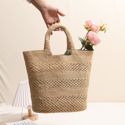 Raffia Portable Straw Weaved Bag Hand Carrying Large Capacity Hollow Out Cutout Woven Bag Seaside Vacation Beach Bag - Wanita Store