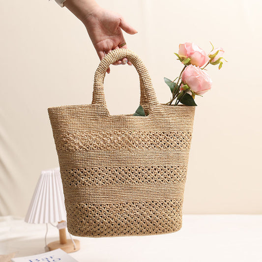 Raffia Portable Straw Weaved Bag Hand Carrying Large Capacity Hollow Out Cutout Woven Bag Seaside Vacation Beach Bag