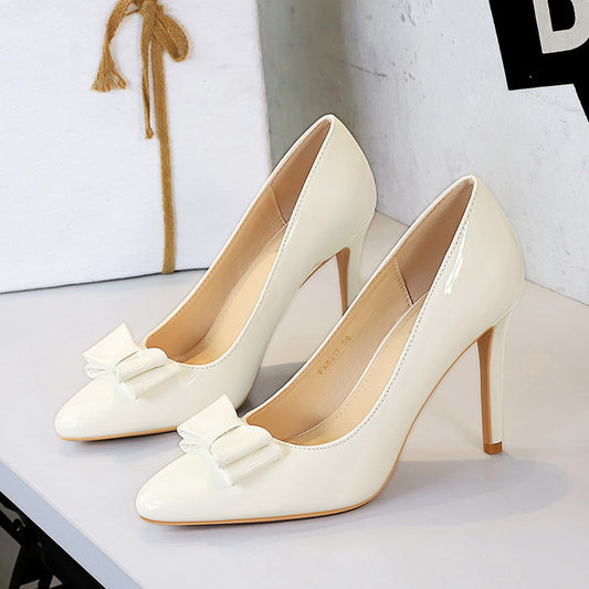 Korean Graceful Bow Stiletto Heel Women French Patent Leather Glossy Pointed Toe Pumps Women