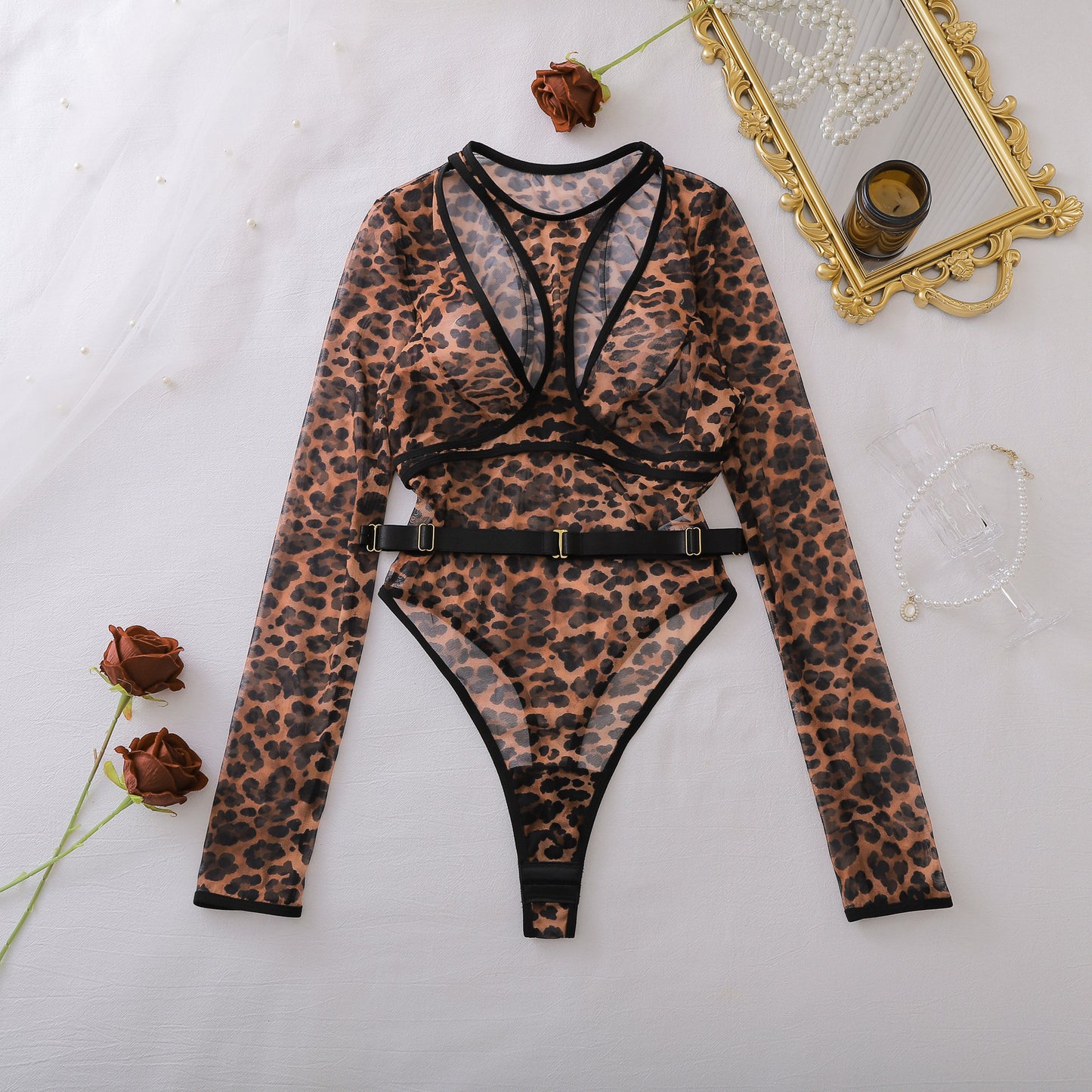 Sexy Hollow Out Cutout out See through Leopard Print Body Shaping Sexy Open Crotch Jumpsuit
