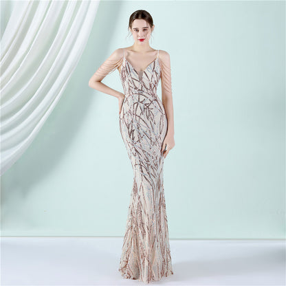 Sling Sequin Toast Dress Bride Long Appreciation Dinner Slim-Fit Fishtail Wedding Car Model Exhibition Dress - Wanita Store