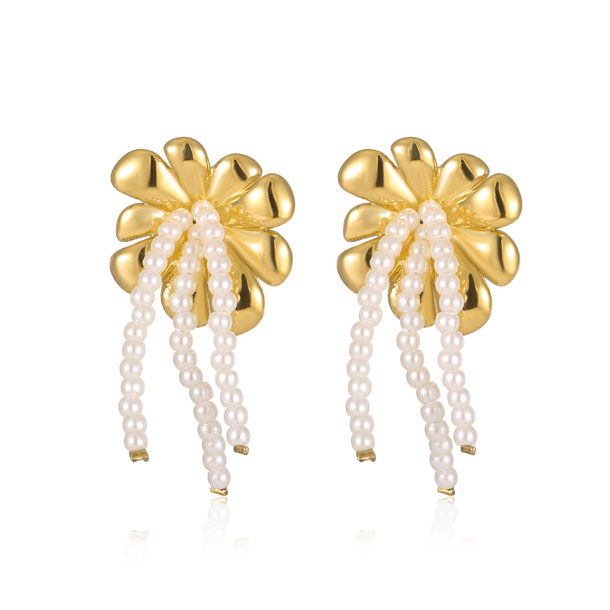 All Match Fashionable Stainless Steel Floral Pearl Tassel Titanium Steel Gold Plated Stud Earrings for Women - Wanita Store