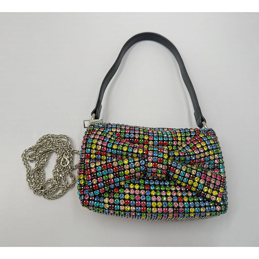 Chic Bow Classic Small Square Bag Full Diamond Party Rhinestone Clutch Chain Shoulder Crossbody Women Trendy Bag
