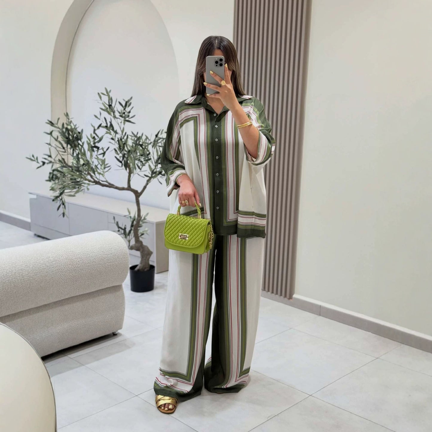 Women Clothing Positioning Printing Dyeing Loose Long Sleeved Shirt Casual Pants Two Piece Set