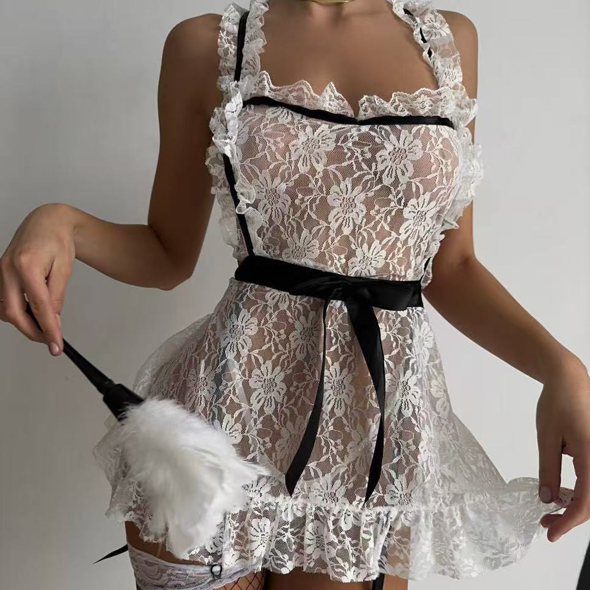 Color Contrast Heavy Industry Floral See-through Lace Square Collar Hollow Out Cutout Backless Body Shaping Sleeveless Strap Dress