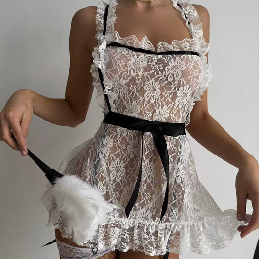 Color Contrast Heavy Industry Floral See-through Lace Square Collar Hollow Out Cutout Backless Body Shaping Sleeveless Strap Dress
