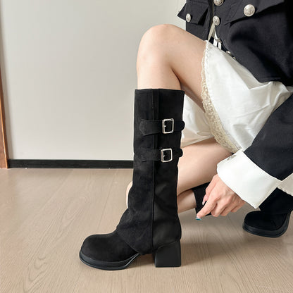 Two Way Wear Long Boots Autumn Winter Detachable Pile Boots Thick High Heel Platform High Leg Boot Retro Pantyhose Boots - Wanita Store