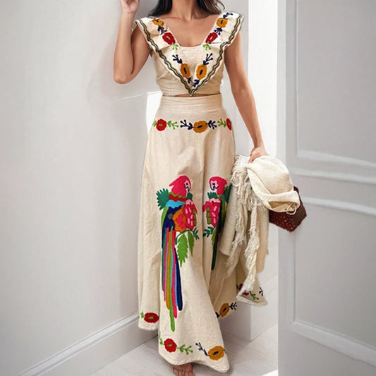 Women Clothing Spring Printing Ruffle Top Skirt Set