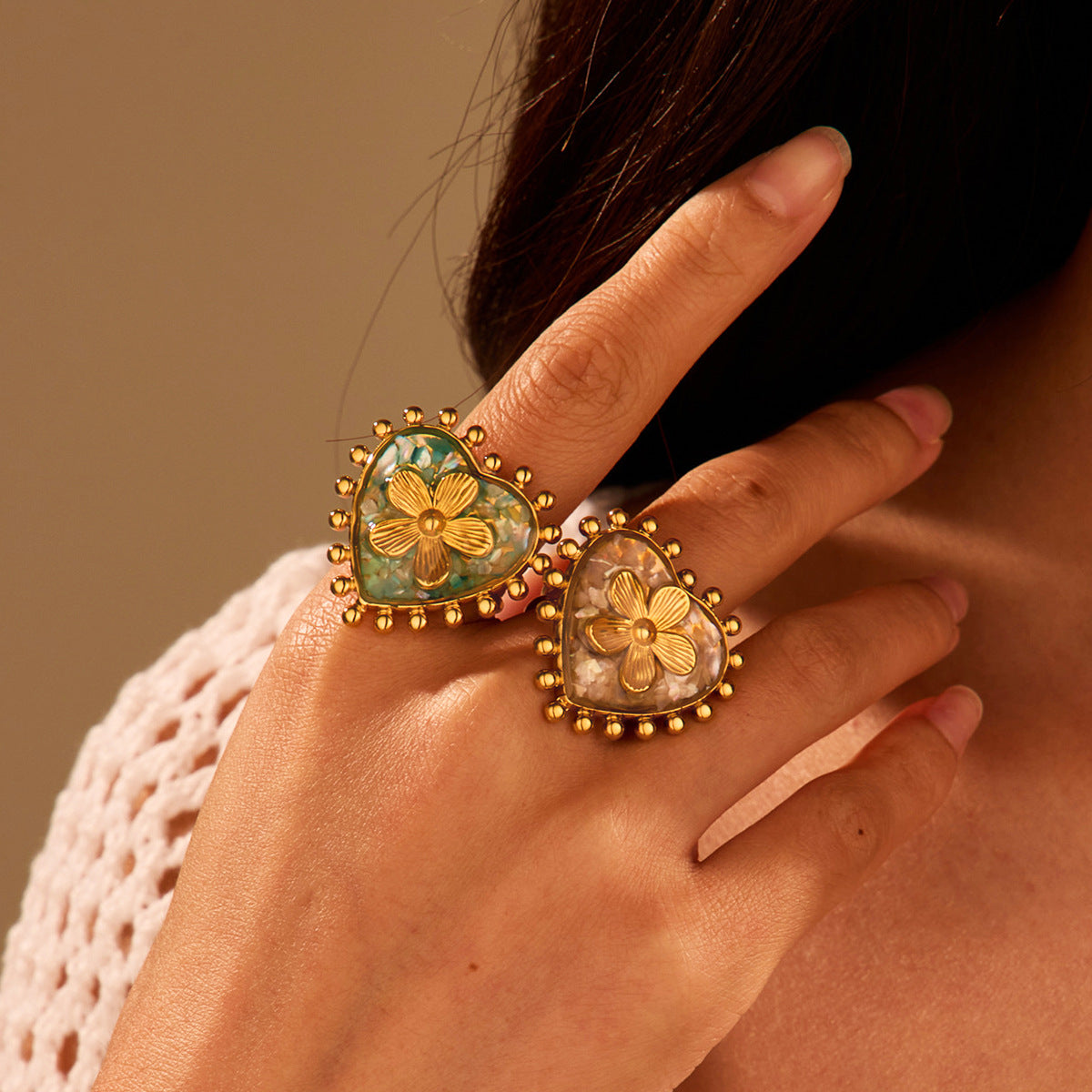 Elegant French Advanced Oil Dripping Titanium Steel Ring Stainless Steel 18K Gold Love Floral Bracelet - Wanita Store