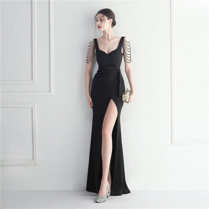 Craft Beaded Car Model Bridesmaid Performance Wedding Long Slit Evening Dress - Wanita Store