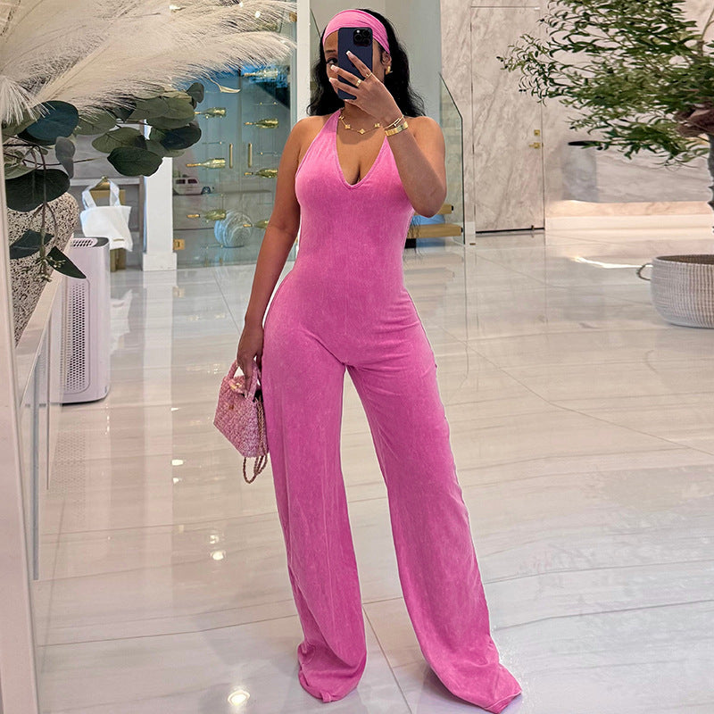 Women Clothing Autumn Solid Color Faux Washed Printed Hairband Backless Underwaist Flared Jumpsuit