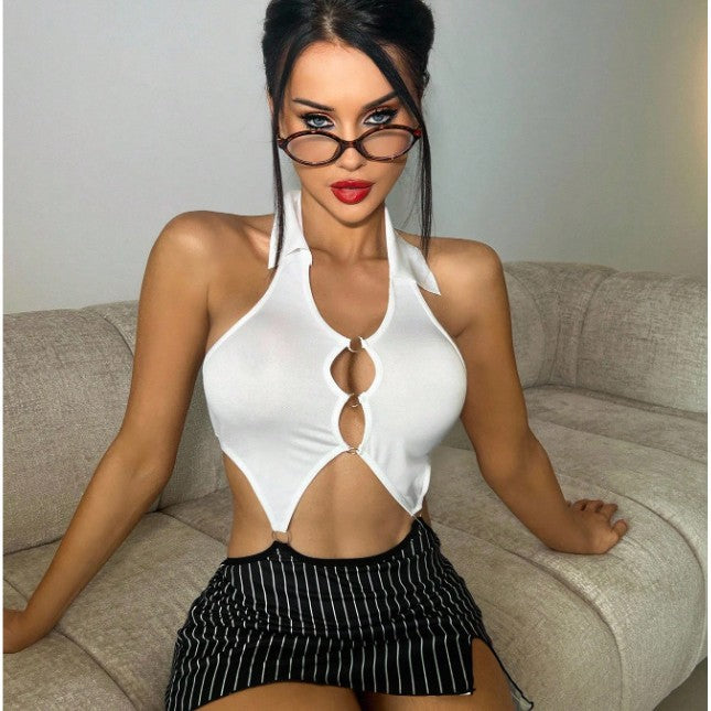 Sexy Striped Hip Halter Nude Back Secretary Sexy Lingerie Set