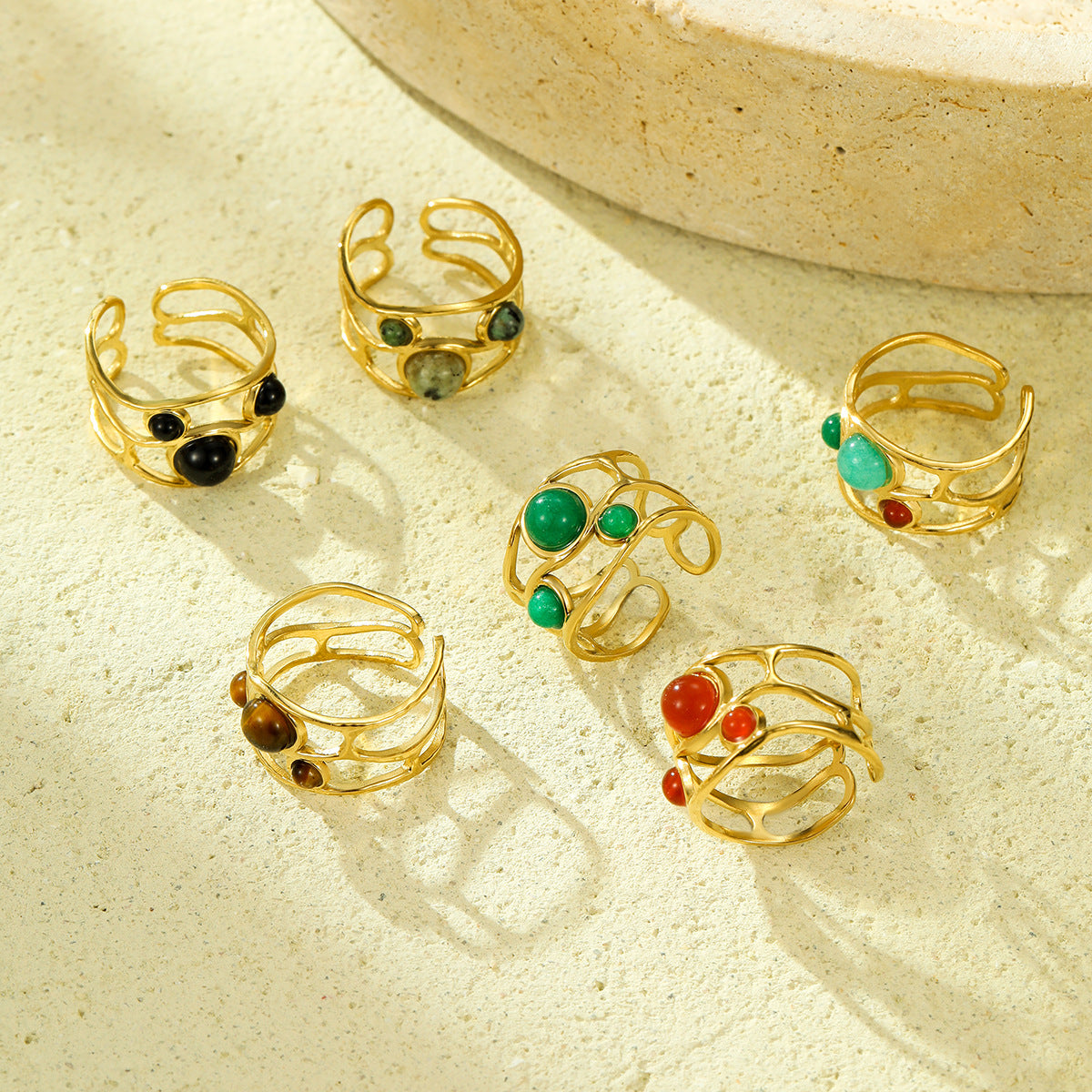Natural Stone Ring 18K Gold Plating Stainless Steel High Grade Open Ring No Fading Sold Jewelry - Wanita Store