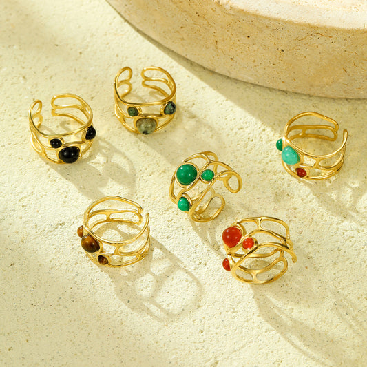 Natural Stone Ring 18K Gold Plating Stainless Steel High Grade Open Ring No Fading Sold Jewelry - Wanita Store