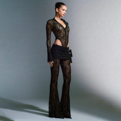 Sexy Lace Stitching Deep V Plunge Long Sleeve Top Slim Fit See through High Waist Flared Pants Women Sets - Wanita Store