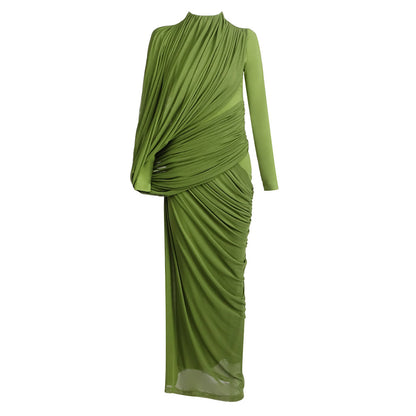 Vestido de invierno de cuello redondo fruncido de manga larga verde