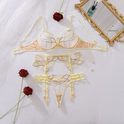See through Contrasting Color Thread Embroidered Steel Ring Push up Body Shaping Sexy Adjustment Underwear Split Three Piece Set