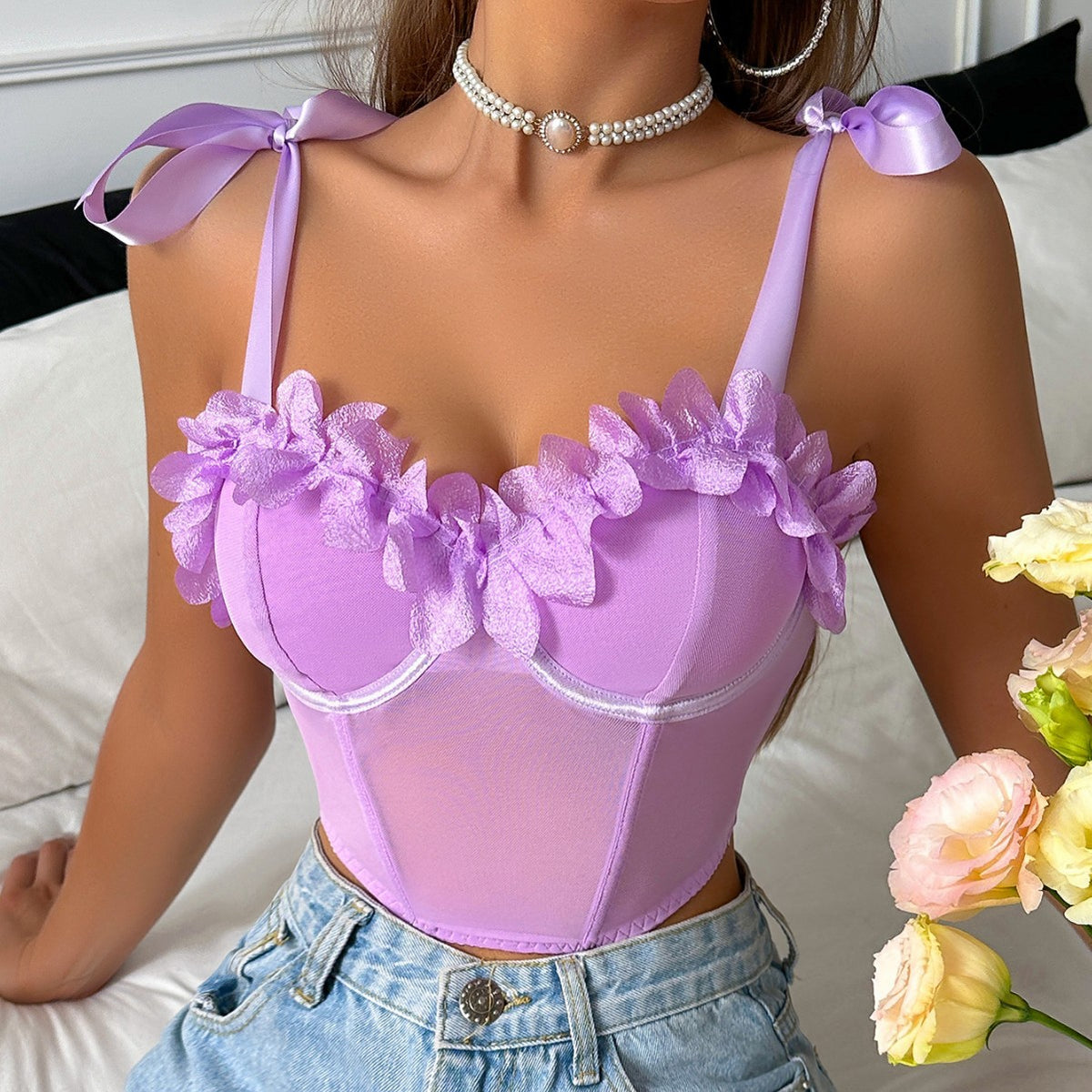 Steel Ring Gathering Bra Three Dimensional Floral Bow Tie Sexy Girl Sexy Wind Ribbon See through