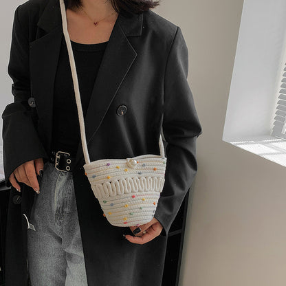 Crossbody Straw Bag Cotton Thread Woven Bag Mobile Phone Change Key Case Hollow Out Cutout Cotton Thread Woven Bag Casual Cute Women - Wanita Store