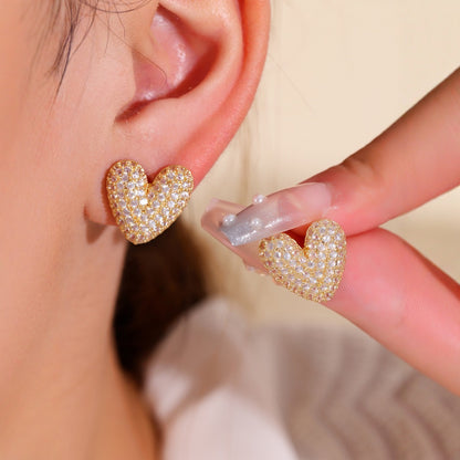 Elegance Simplicity Metal Diamond Love Heart Women Earrings Stud Earrings Suitable Daily Commuting Dating Gifts - Wanita Store