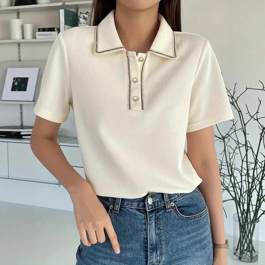 Women Clothing Solid Color Buttons Pullover Short Sleeved Polo Shirt