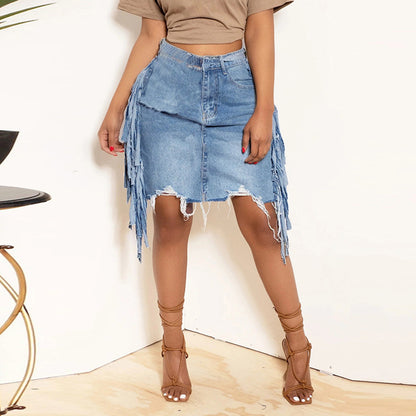 Spring Summer Women Clothing Personalized Denim Washed Tassel Tatted Skirt - Wanita Store