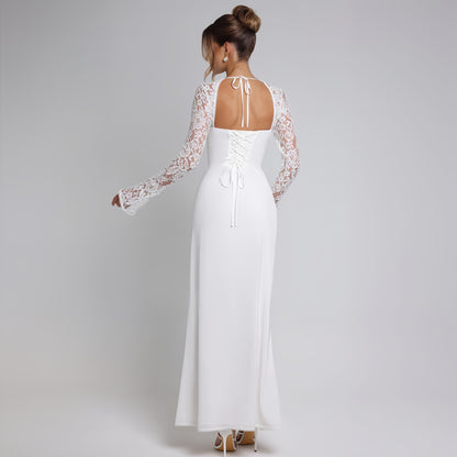 Autumn Women Wear Low Cut Self Tie Lace Slim Fit Slit Sexy Dress - Wanita Store