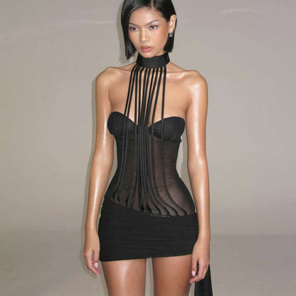 Otoño Invierno Ropa de Mujer Sexy Malla Costura Ajustado Sin Espalda Cuello Halter Vestido Tubo