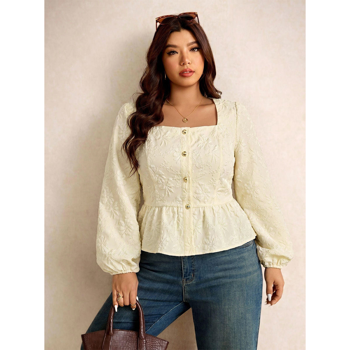 Plus Size French Square Collar Shirt Women Single Row Metal Buckle Lotus Leaf Swing Waist Bubble Long Sleeve Short Top