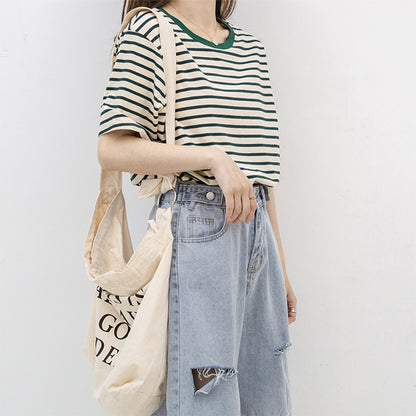 Women Short Sleeved T shirt Summer Thin Loose Cotton Green Striped T shirt Women Top Clothes - Wanita Store