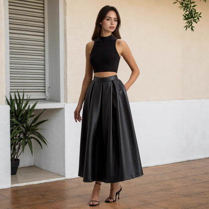 Large Skirt Ladies Spring Autumn High Waist Office Umbrella Skirt Faux Leather Design A line Skirt - Wanita Store