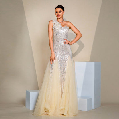 Women Clothing One Shoulder Diagonal Collar Slim Fit Sheath Sequined Split Cocktail Evening Dress - Wanita Store