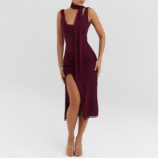 Sexy Trend Mesh Stitching Swing Collar Sleeveless Split Backless Hip Dress