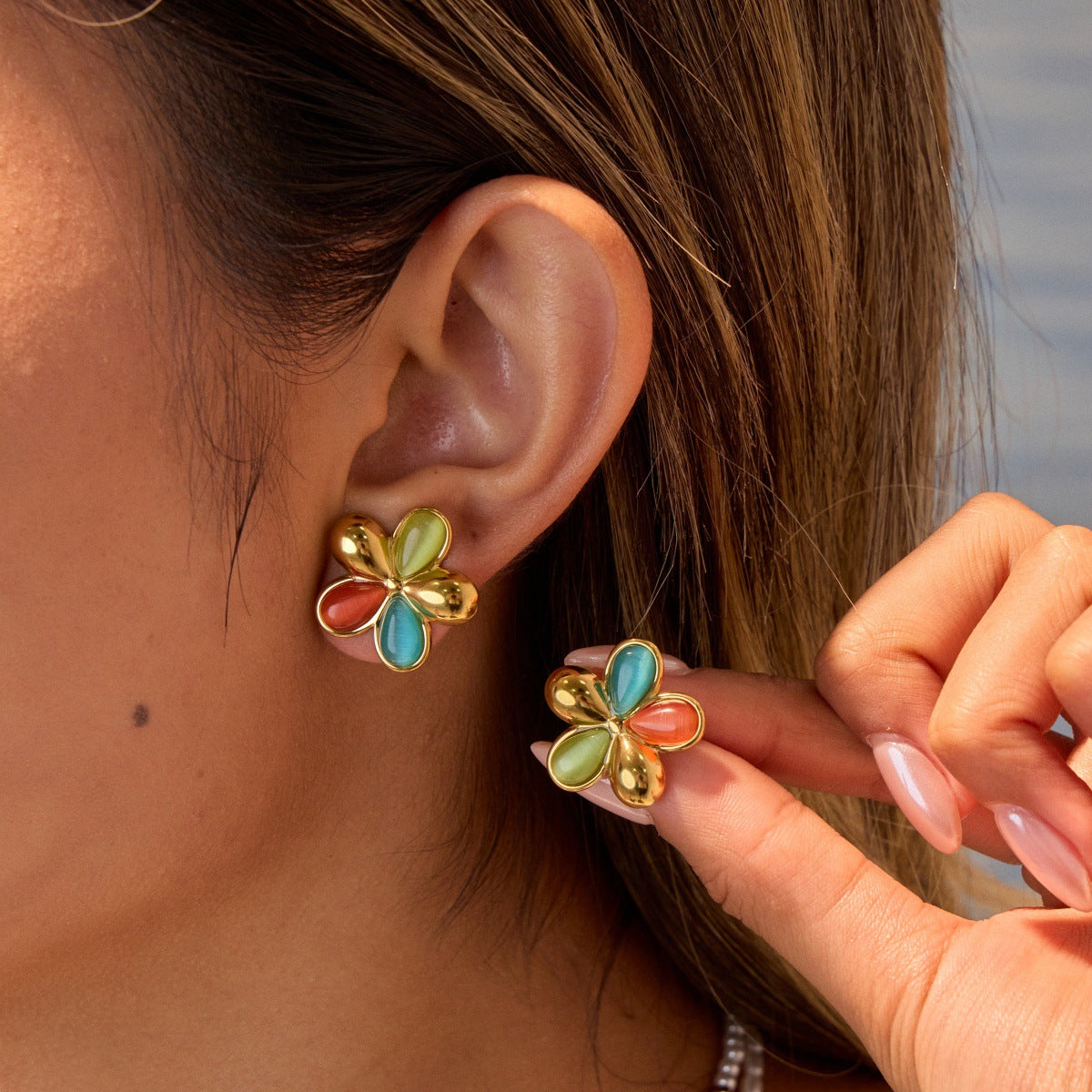 Colorful Opal Floral Stainless Steel Studs 18K Gold Plating Refined Wild Earrings - Wanita Store