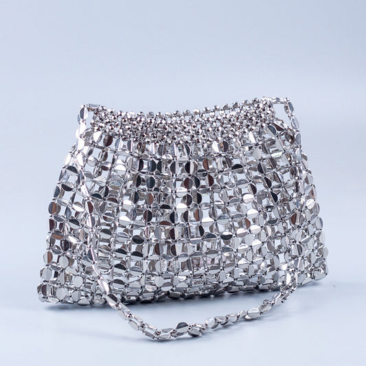 Popular Handmade Silver Gold Flat Beads Beaded Weave Large Dumpling Trendy One Shoulder Handbags - Wanita Store