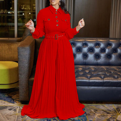 Belt Women Clothing Spring Summer Long Sleeve Casual Loose Pleated Wide Leg Jumpsuit - Wanita Store