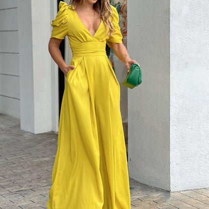 Women Clothing Short Sleeve Elegant Wide Legs Jumpsuit - Wanita Store