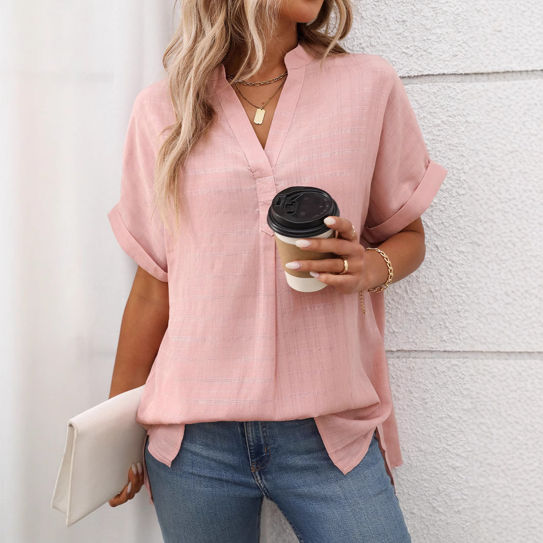 Summer Women V neck Short Sleeve Striped Loose Plaid Shirt - Wanita Store