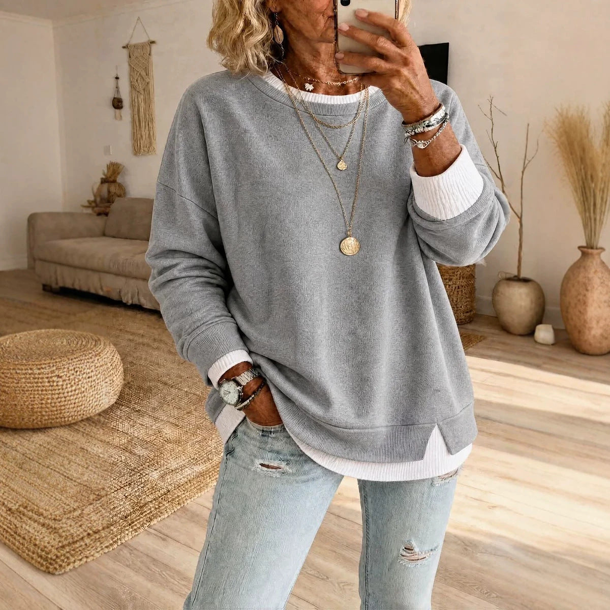 Faux Two Piece Thread Split round-Neck Long Sleeve Casual Pullover Sweaters Women Clothing Western Slimming