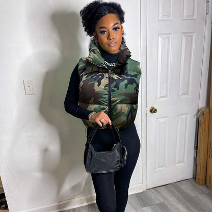 Street Camouflage Vest Quilted Stand Collar Zipper Sleeveless Short Shipment Cotton Padded Coat - Wanita Store